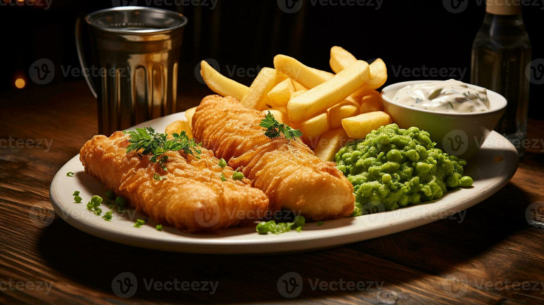 ai generato croccante pesce e patatine fritte su bianca piatto con tartaro salsa e piselli, lato tiro foto