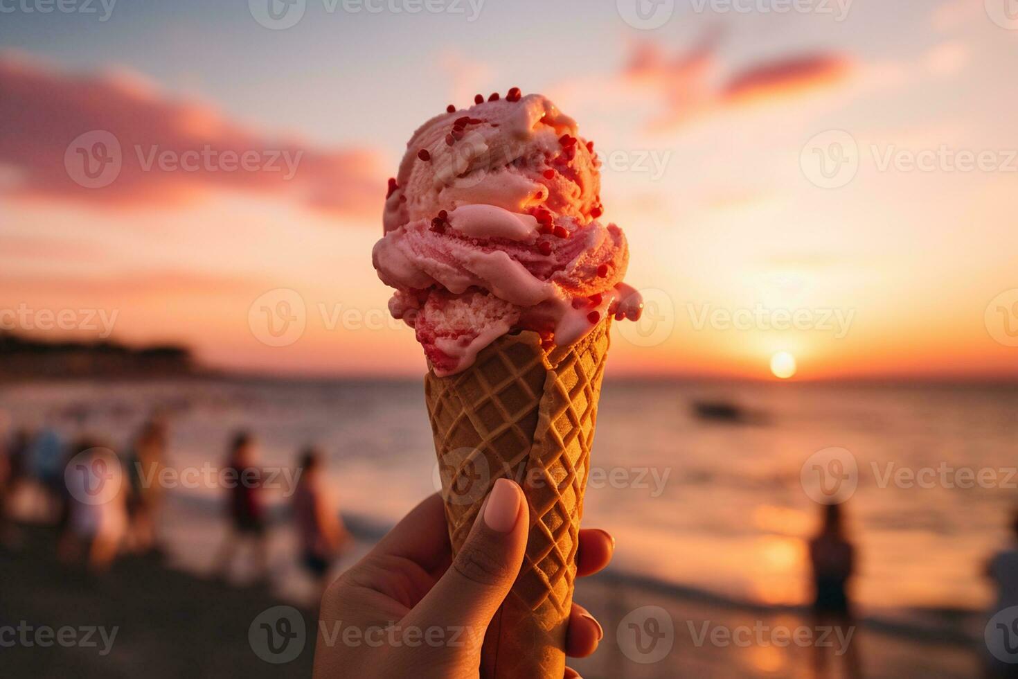ai generato un' mano Tenere un' cialda cono pieno con ciliegia ghiaccio crema contro un' vivace tramonto sfondo, Candido tiro foto