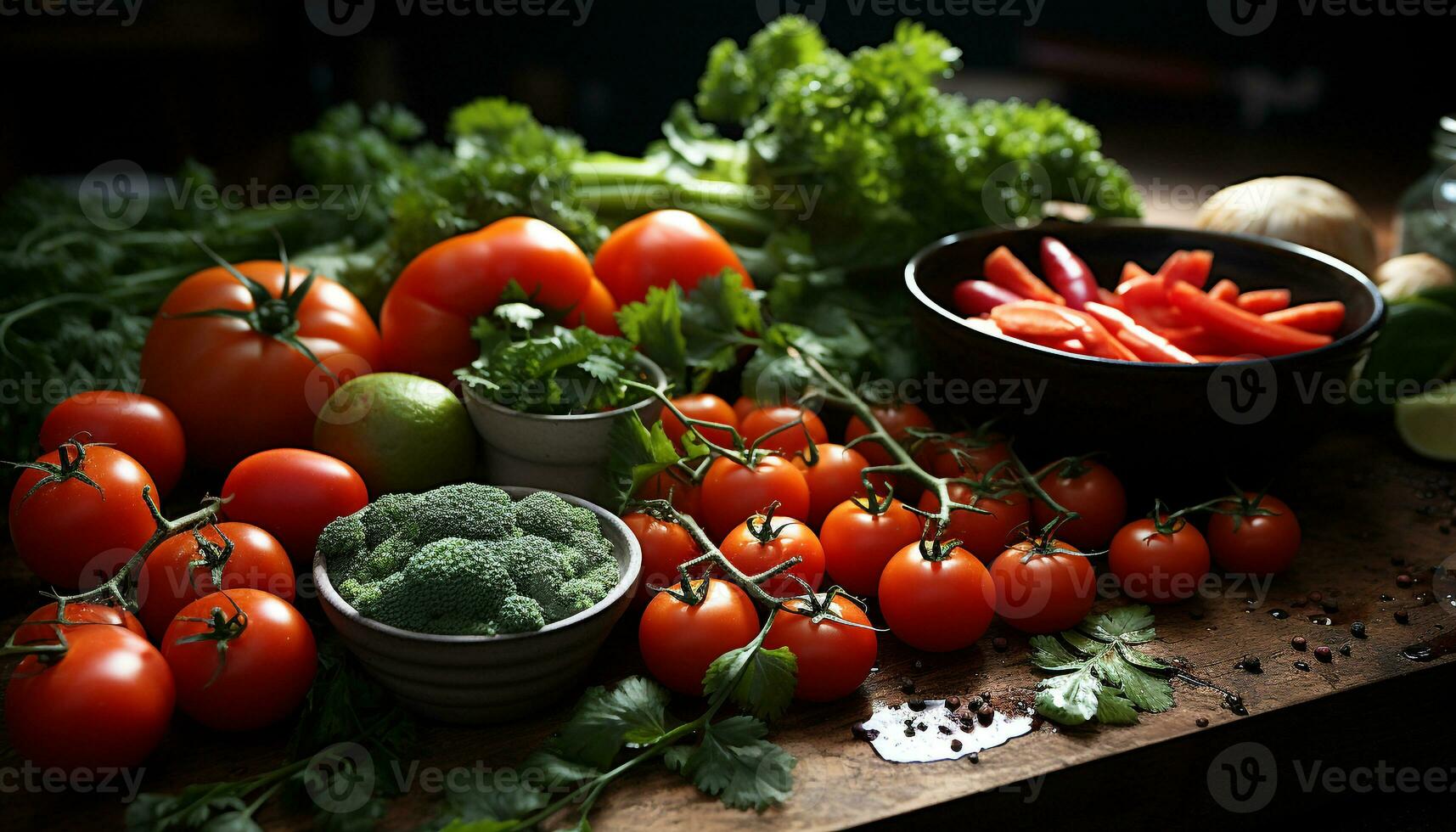 ai generato fresco, salutare insalata pomodoro, verdura, organico, vegetariano, natura, cucinando, tavolo generato di ai foto