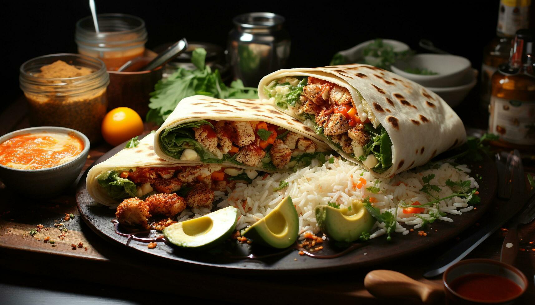 ai generato grigliato Manzo taco con guacamole, pomodoro, e coriandolo su tortilla generato di ai foto