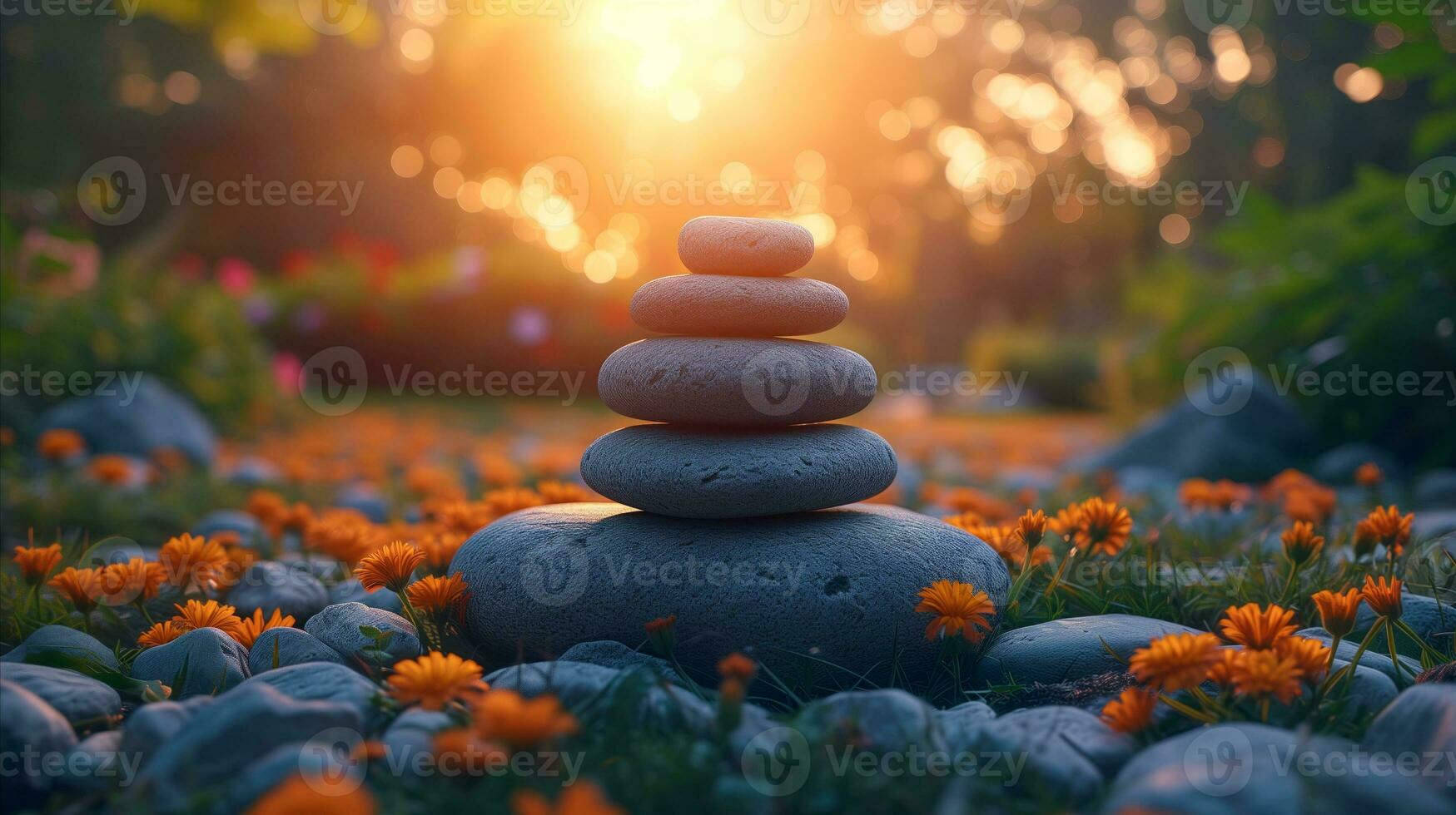 ai generato zen pietre nel sereno giardino a tramonto con arancia fiori foto