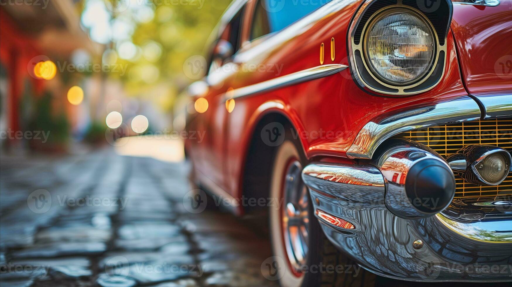 ai generato un antico rosso auto parcheggiata su un' ciottolo strada, in mostra il fascino di un' passato era. generativo ai foto