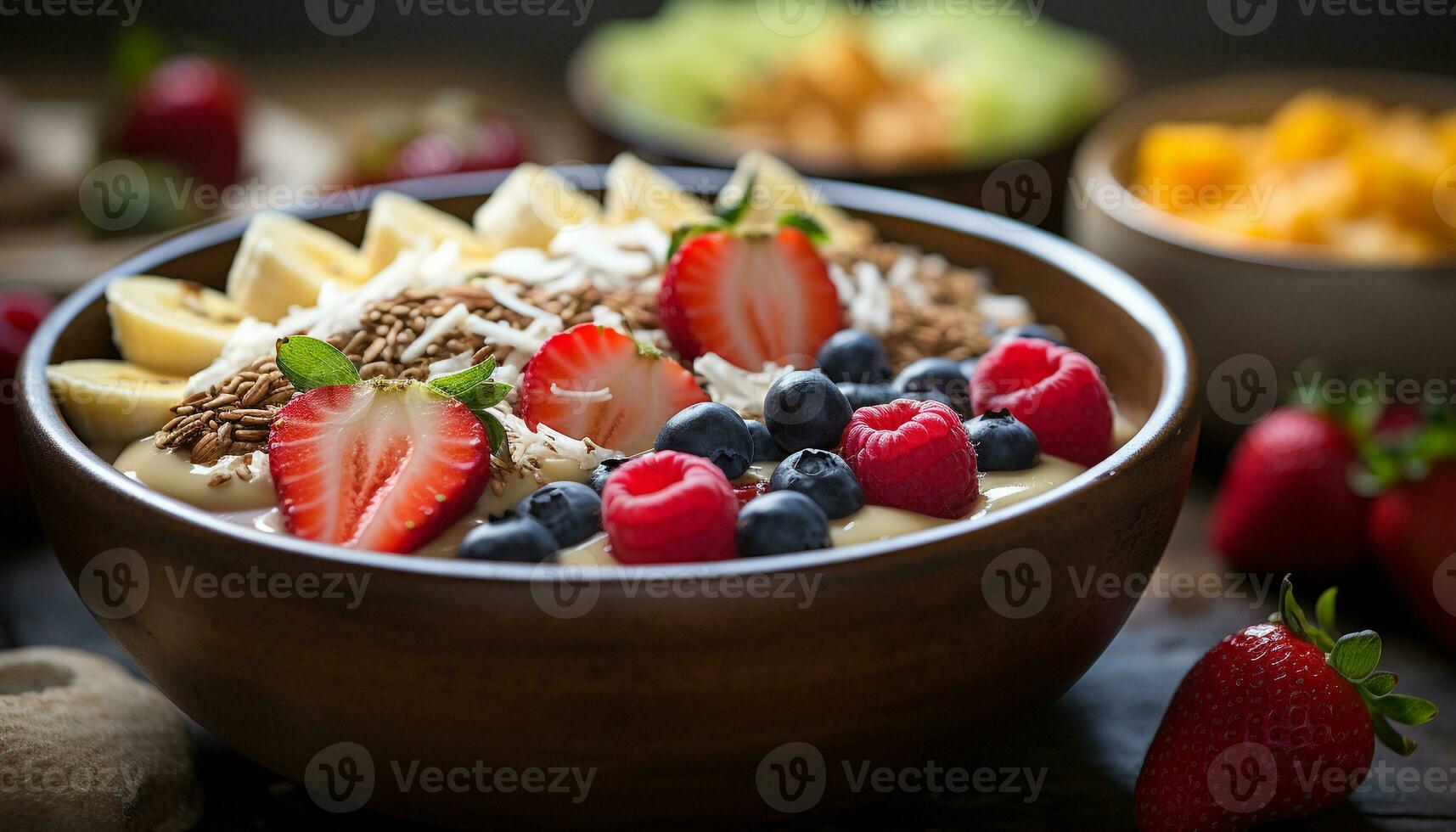 ai generato salutare mangiare fresco frutta ciotola con Yogurt, muesli, e frutti di bosco generato di ai foto