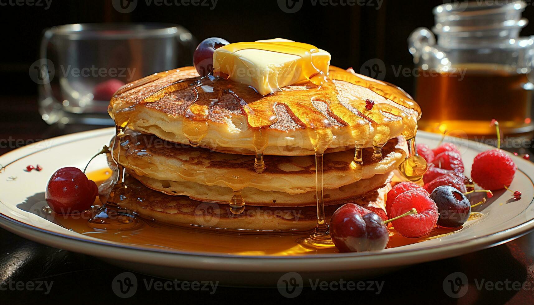 ai generato appena al forno Pancakes con frutti di bosco, sciroppo, e cioccolato su di legno tavolo generato di ai foto