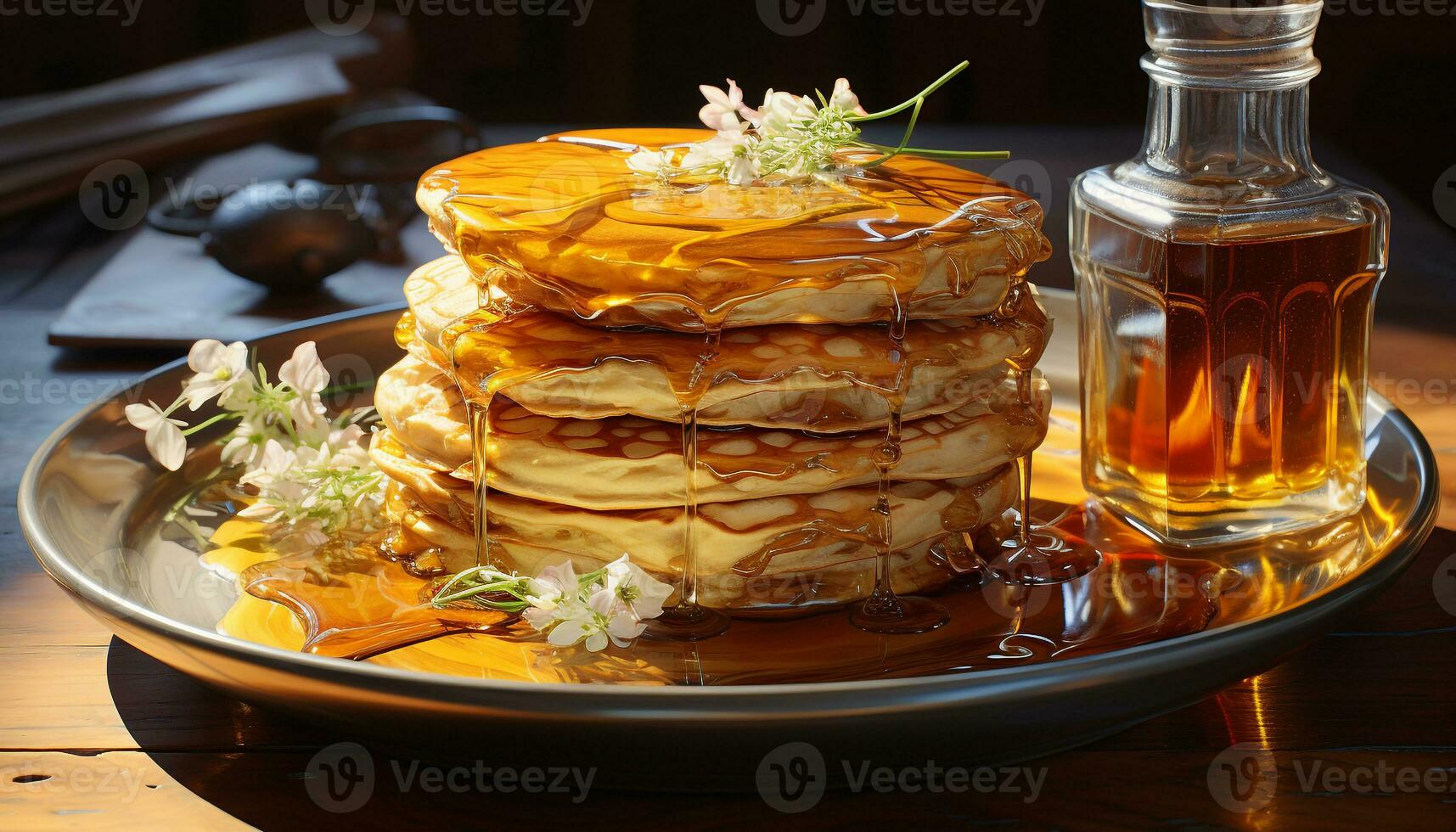 ai generato un' pila di fatti in casa Pancakes, dolce sciroppo, e fresco frutti di bosco generato di ai foto