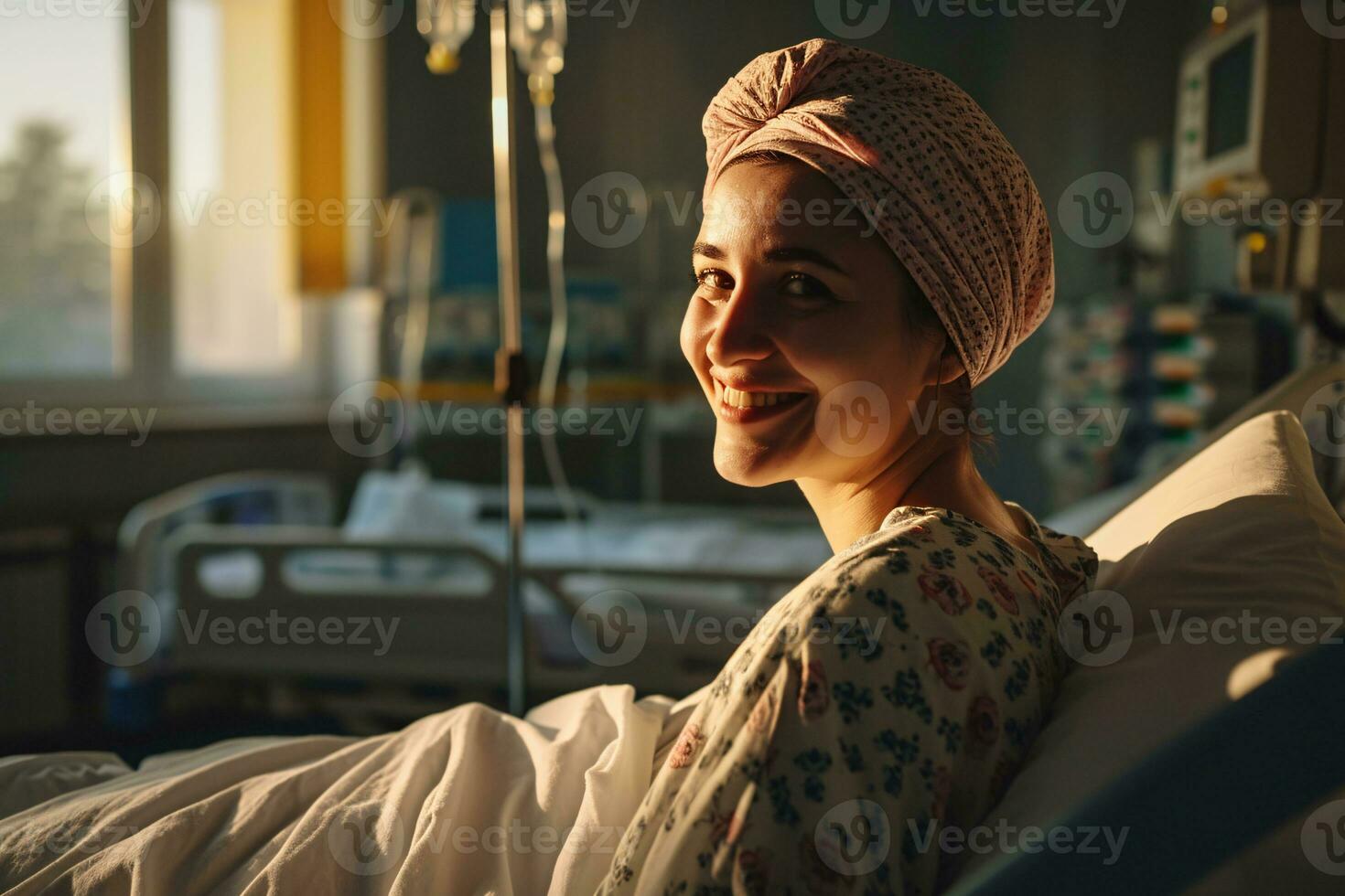 ai generato contento cancro paziente. sorridente donna dopo chemioterapia trattamento a ospedale oncologia Dipartimento. Seno cancro recupero. Seno cancro sopravvissuto. sorridente Calvo donna con rosa foulard. foto