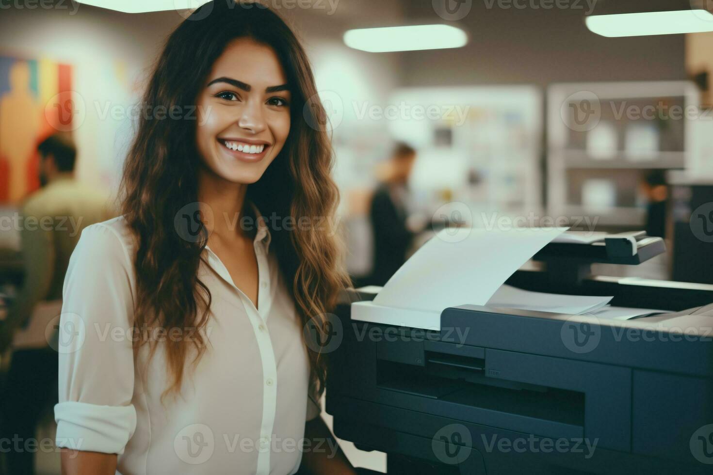 ai generato ufficio lavoratore stampe carta su multifunzione laser stampante. documento e lavoro d'ufficio concetto. segretario opera. sorridente donna Lavorando nel attività commerciale ufficio. copia, Stampa, scansione, e fax macchina. foto