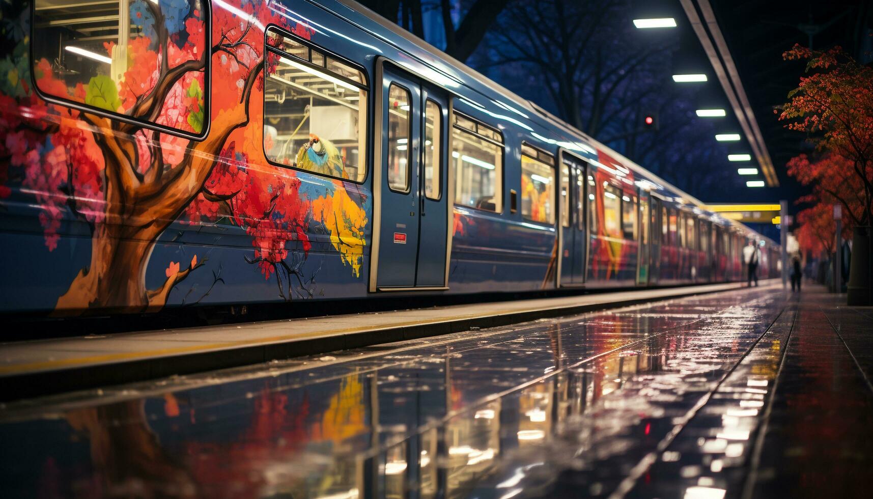 ai generato ore notturne paesaggio urbano con illuminato metropolitana treno eccesso di velocità attraverso traffico generato di ai foto