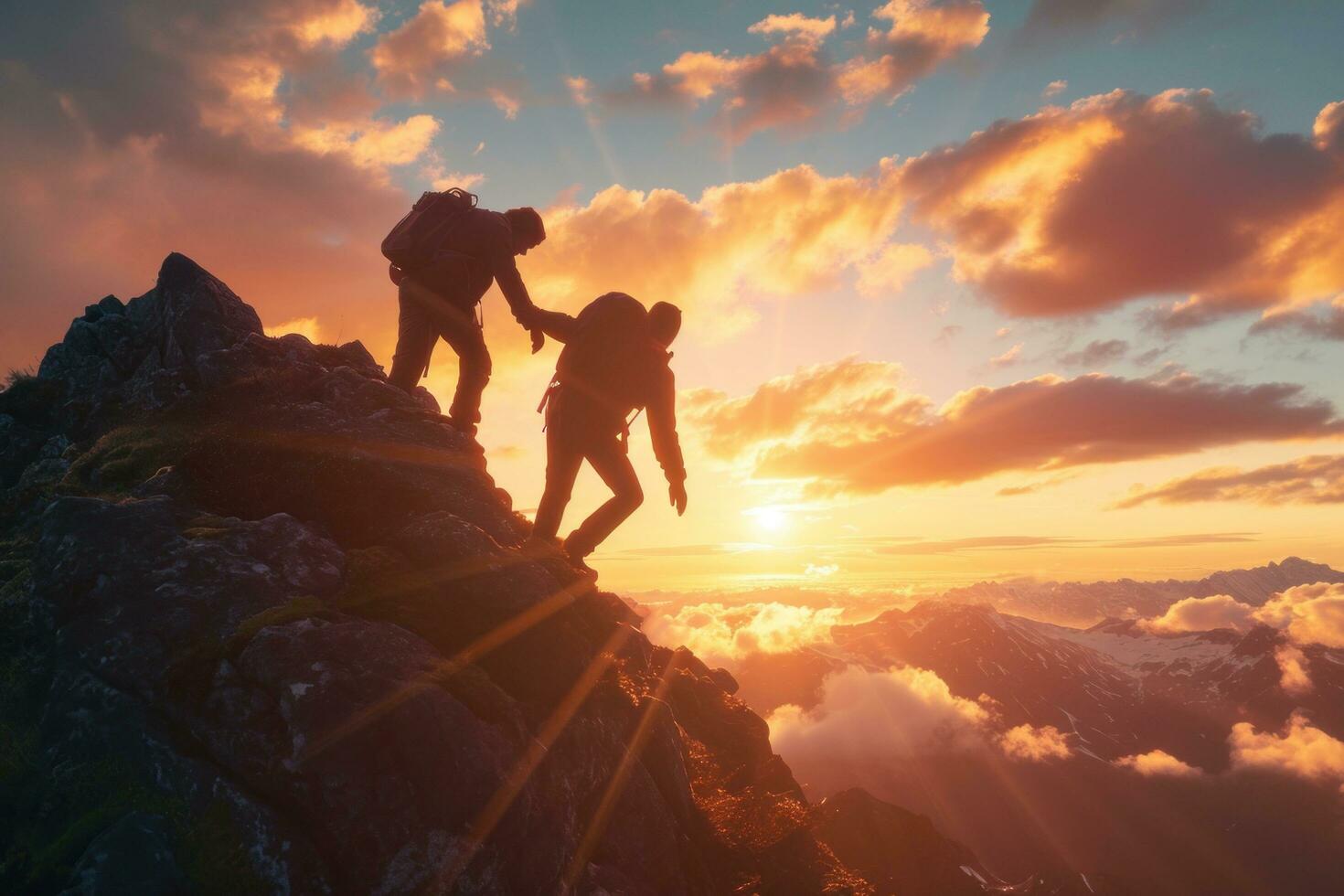 ai generato Due persone siamo Tenere mani a il superiore di un' roccioso montagna. foto