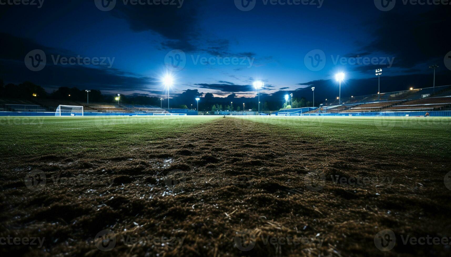 ai generato luminosa proiettori illuminare un' buio calcio campo a notte generato di ai foto