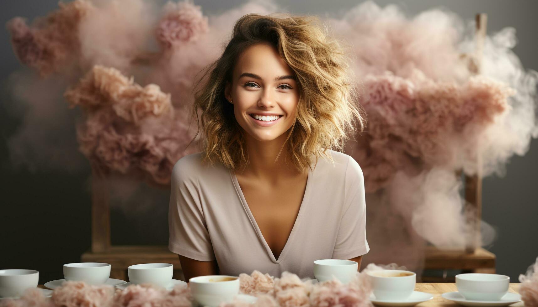 ai generato un' bellissimo donna, sorridente, godendo un' caldo tazza di caffè generato di ai foto