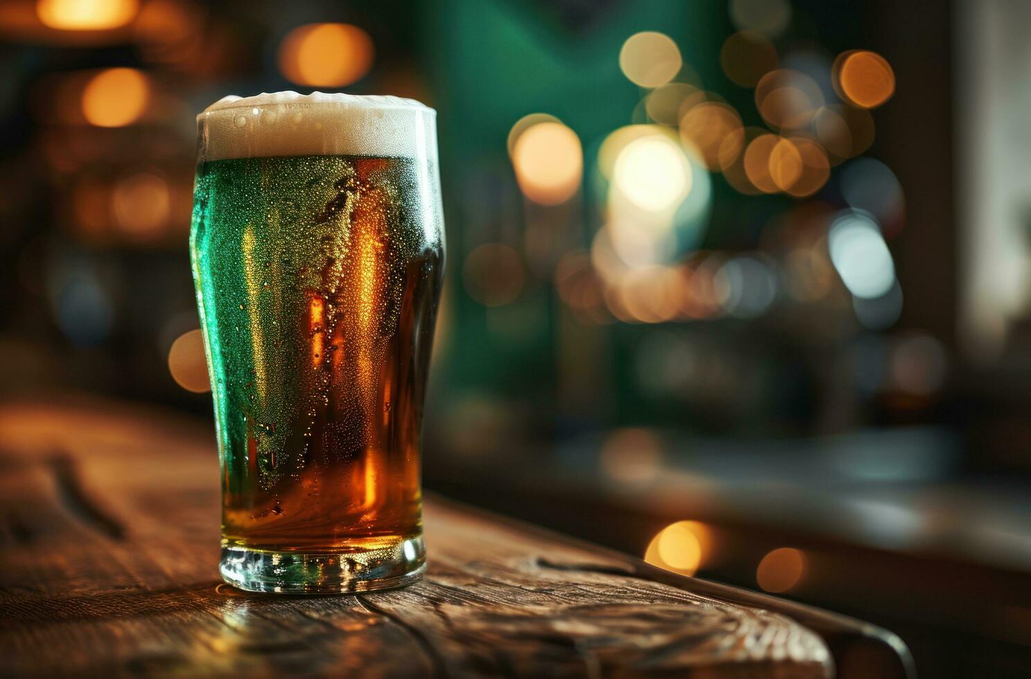 ai generato un' allegro st Patrick giorno birra a un' di legno tavolo foto