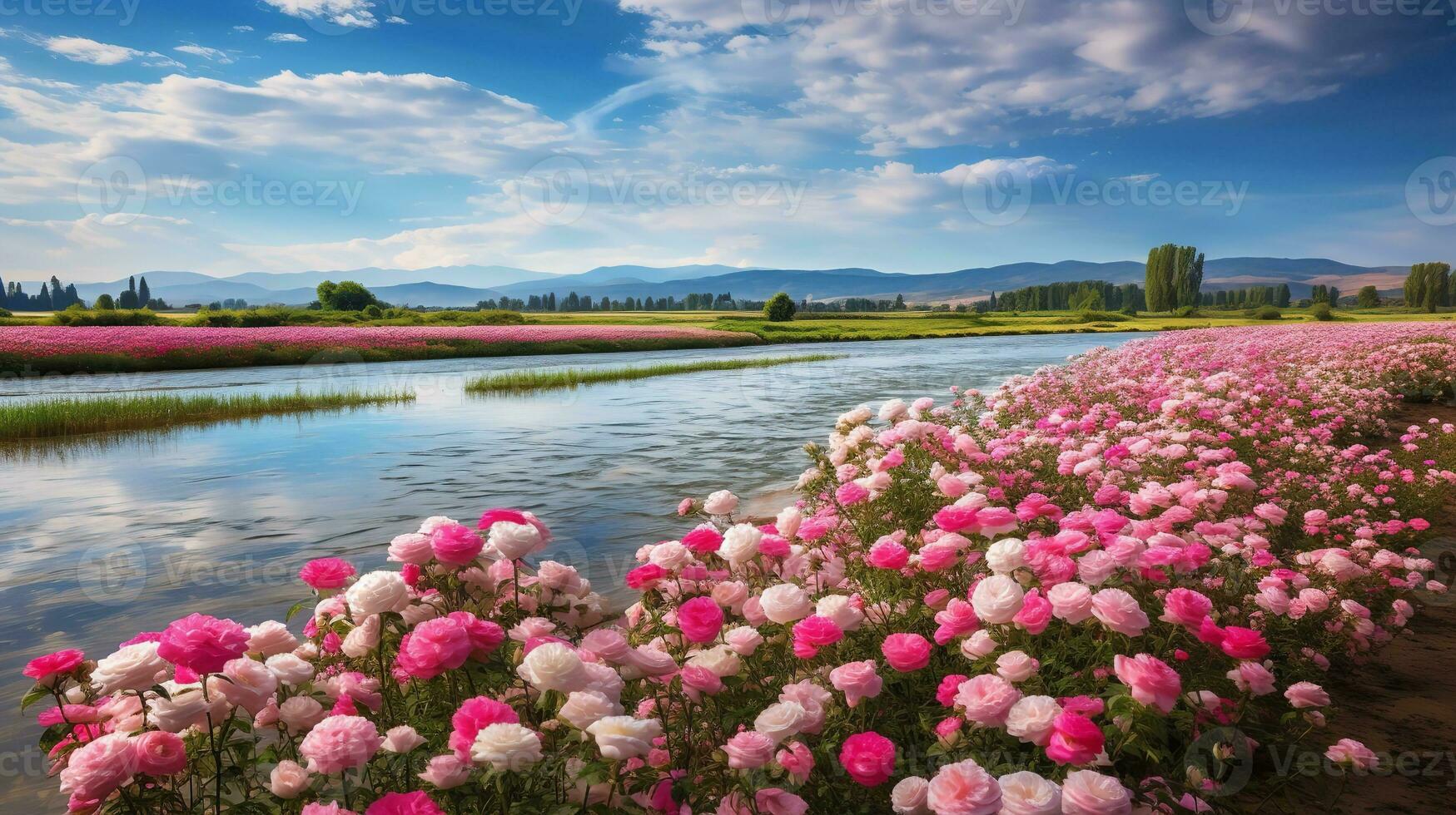 ai generato in riva al lago rosa campo eleganza - ai generato foto