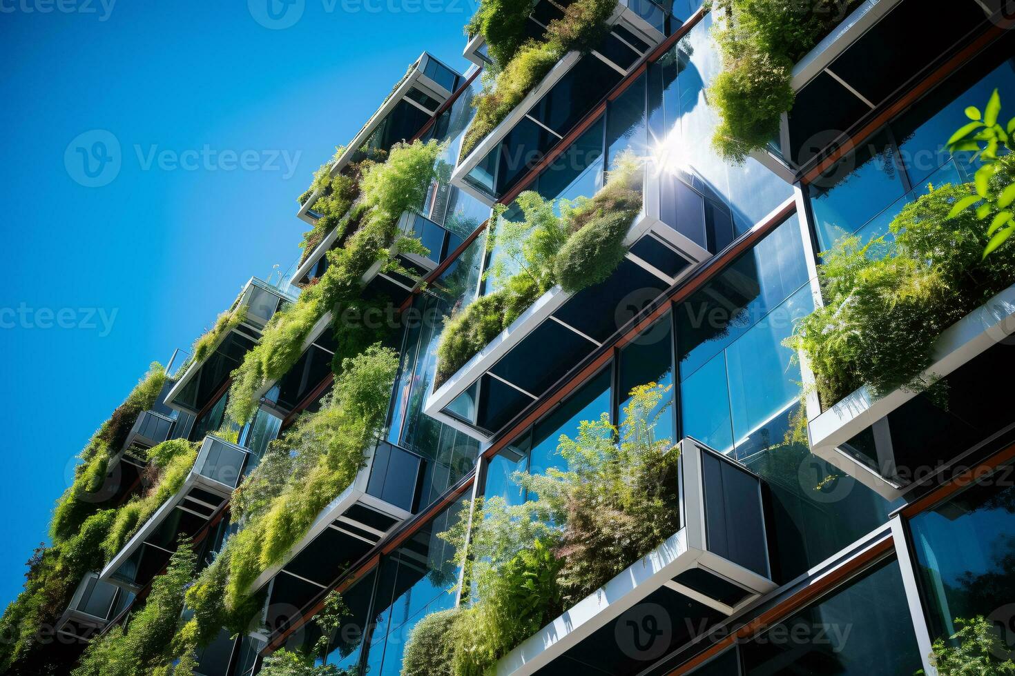 ai generato eco-friendly edificio nel il moderno città. sostenibile bicchiere ufficio edificio con albero per riducendo carbonio biossido. ufficio edificio con verde ambiente. aziendale edificio ridurre co2. foto