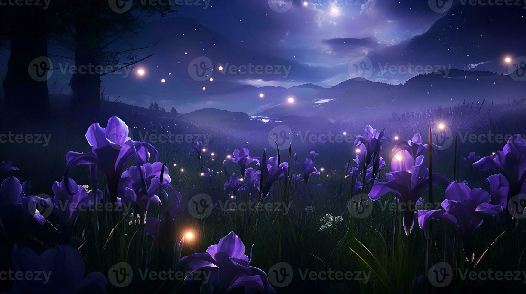 ai generato illuminato dalla luna iris campo e Lucciole - ai generato foto