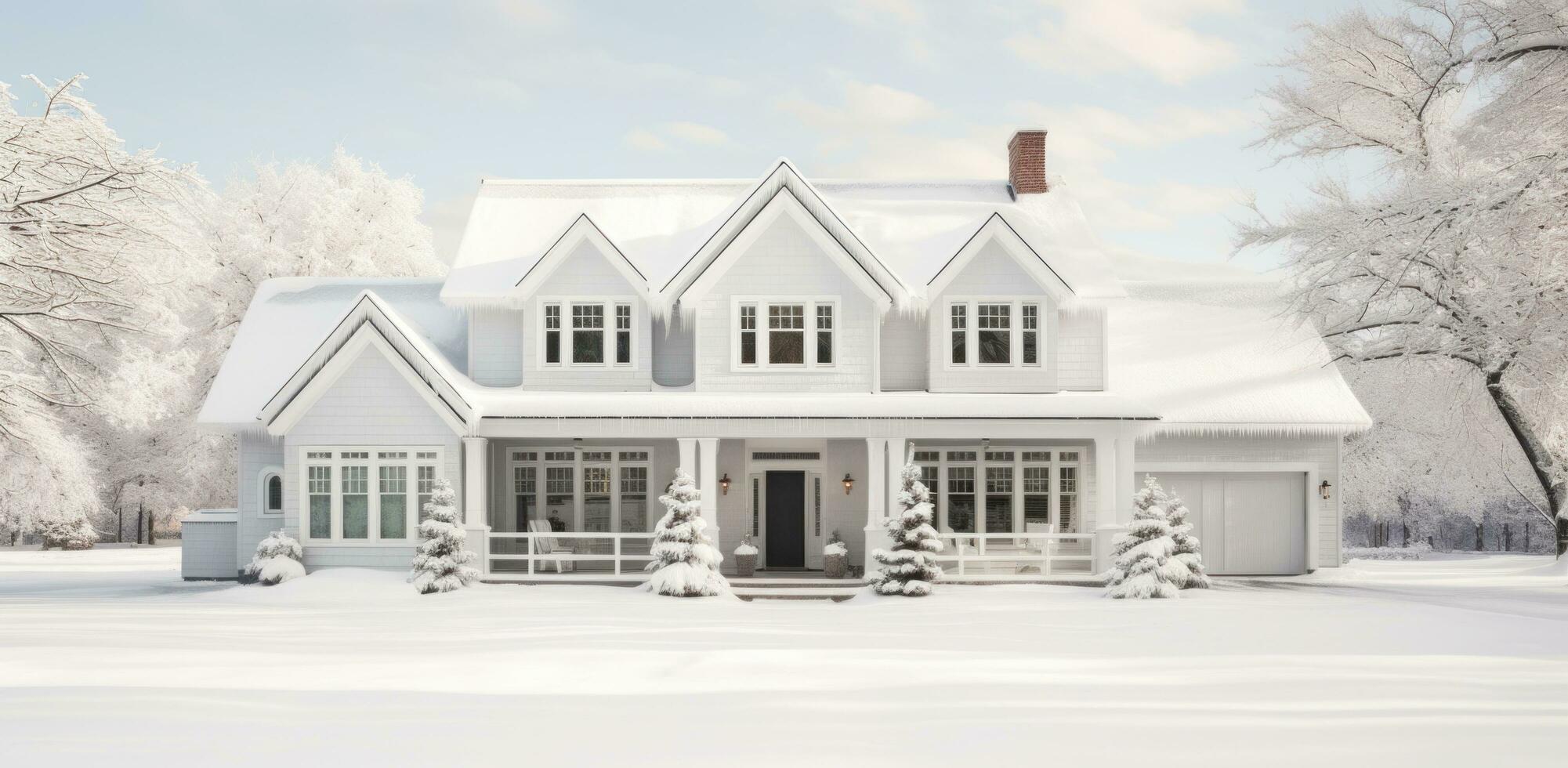 ai generato moderno casa su un idilliaco inverno bianca nevoso giorno foto