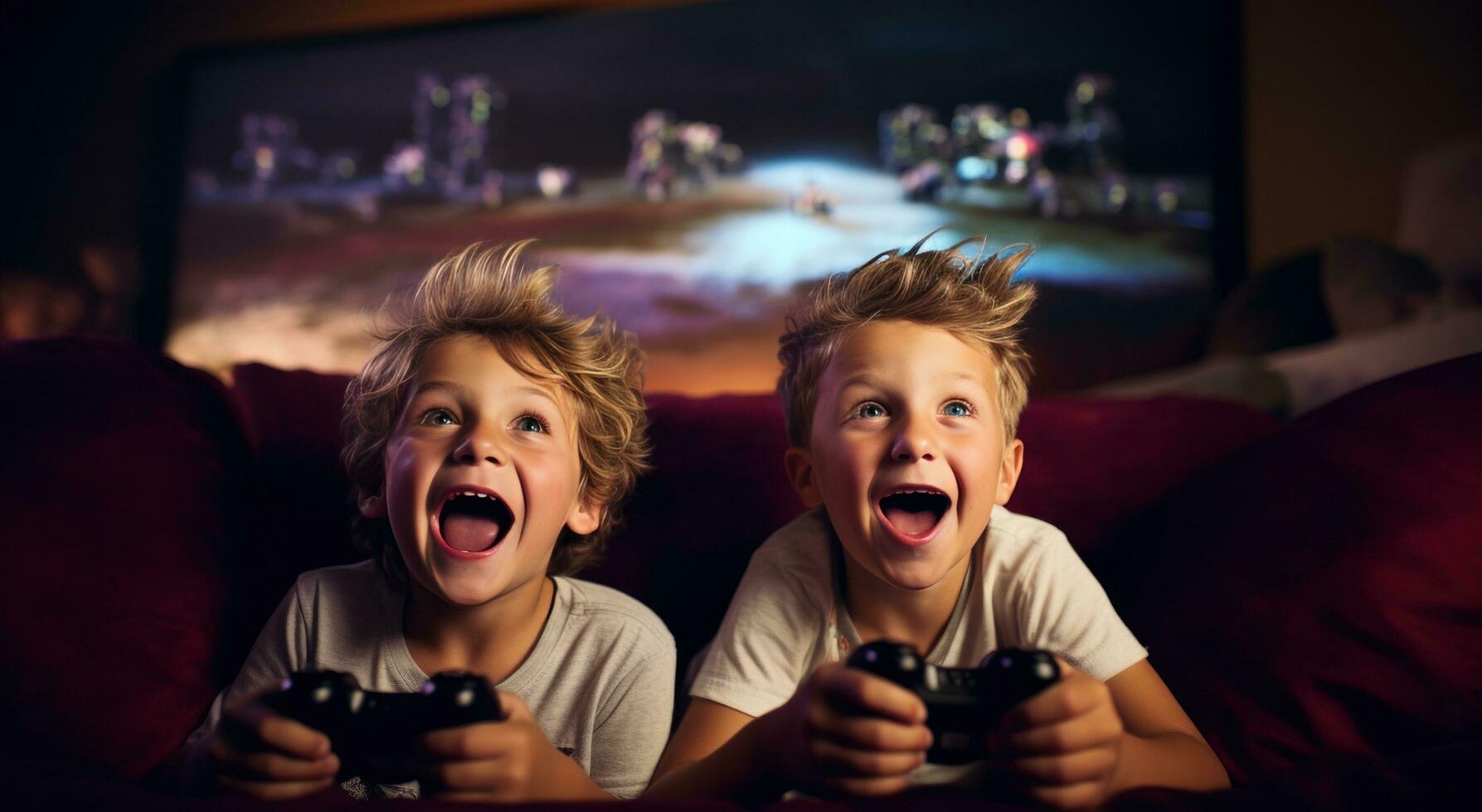ai generato Due ragazzi giocando video Giochi foto