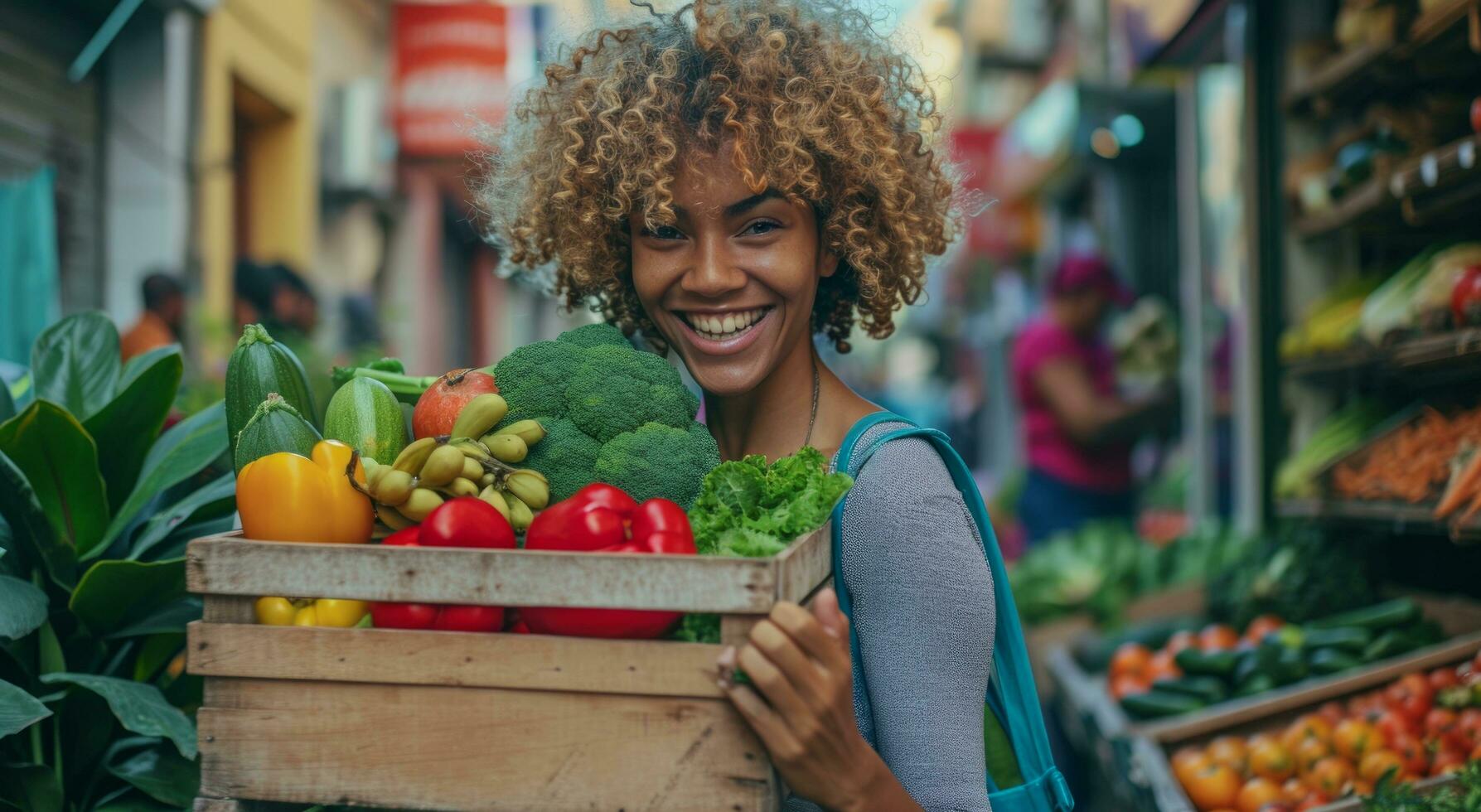 ai generato un' schiumoso bionda sorrisi su città mercato strada mentre trasporto un' grande di legno scatola di verdura foto