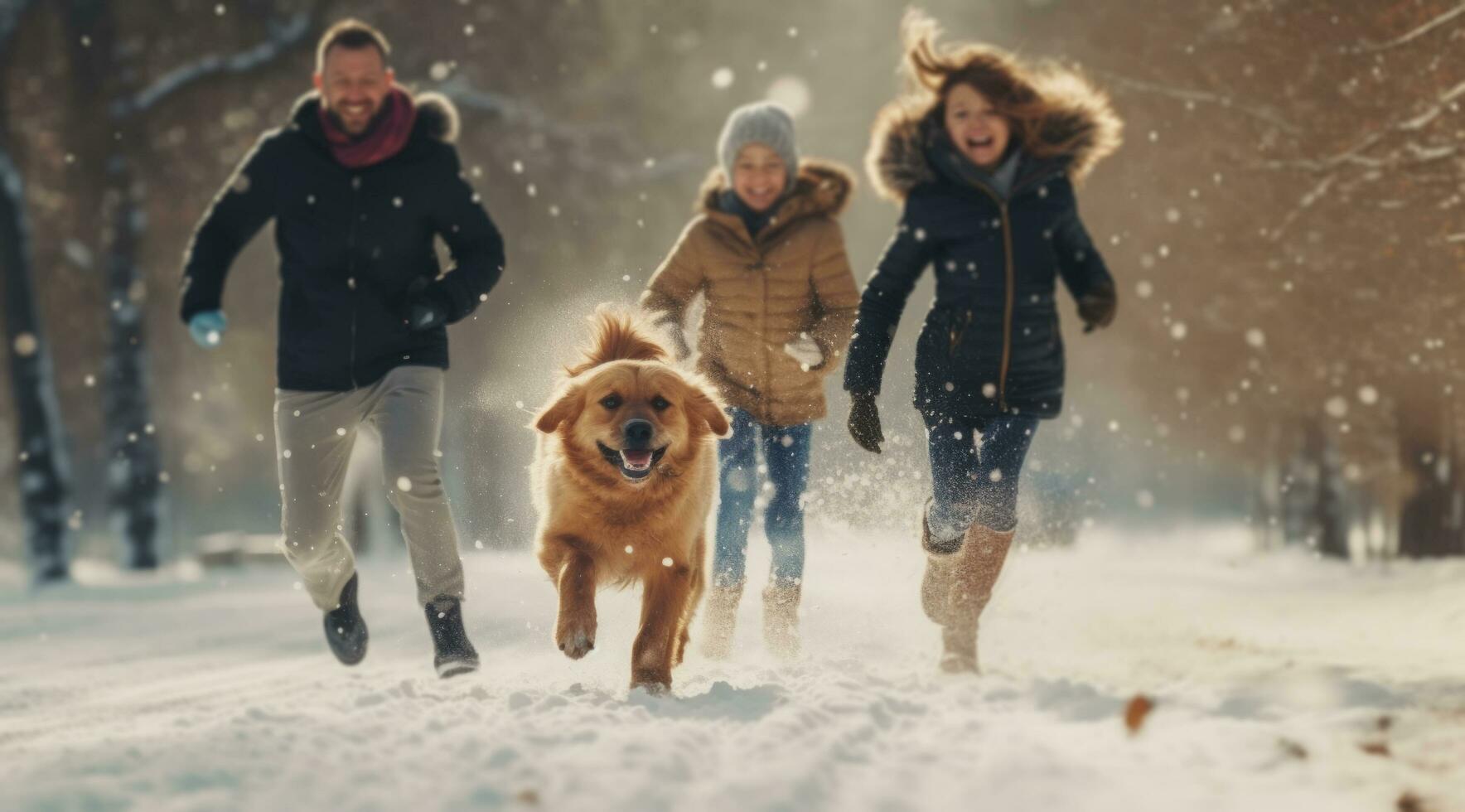 ai generato un' famiglia corre attraverso neve con un' cane foto