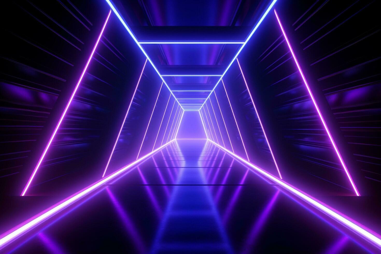 ai generato un' viola neon illuminato tunnel nel un' buio tunnel foto