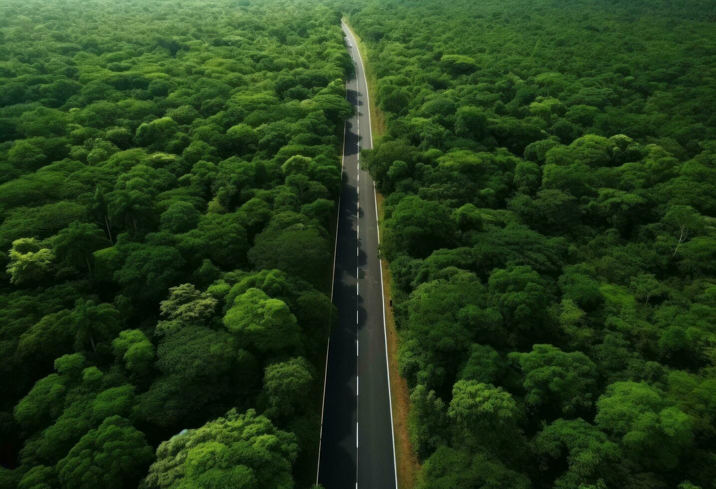 ai generato aereo Visualizza di un' strada nel un' foresta strada foto