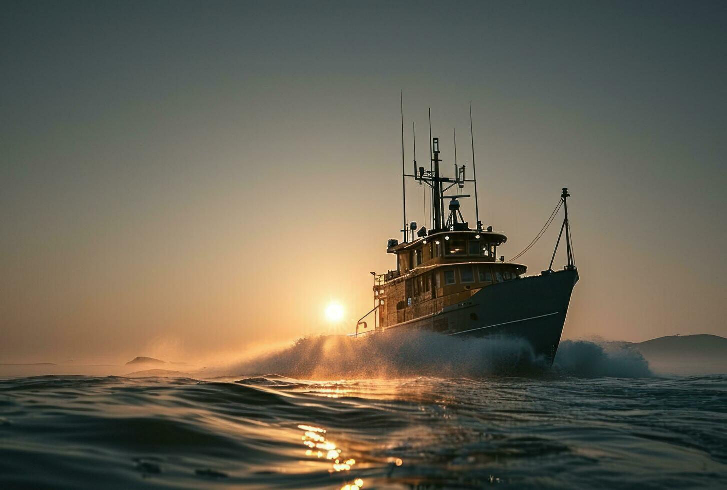 ai generato un' pesca nave è in movimento sotto il sole foto