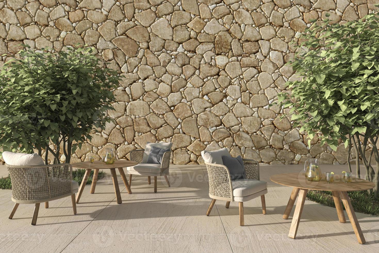 caffè all'aperto con terrazza all'aperto in stile scandinavo con mobili in vimini e alberi. finto muro. illustrazione di rendering 3D. foto