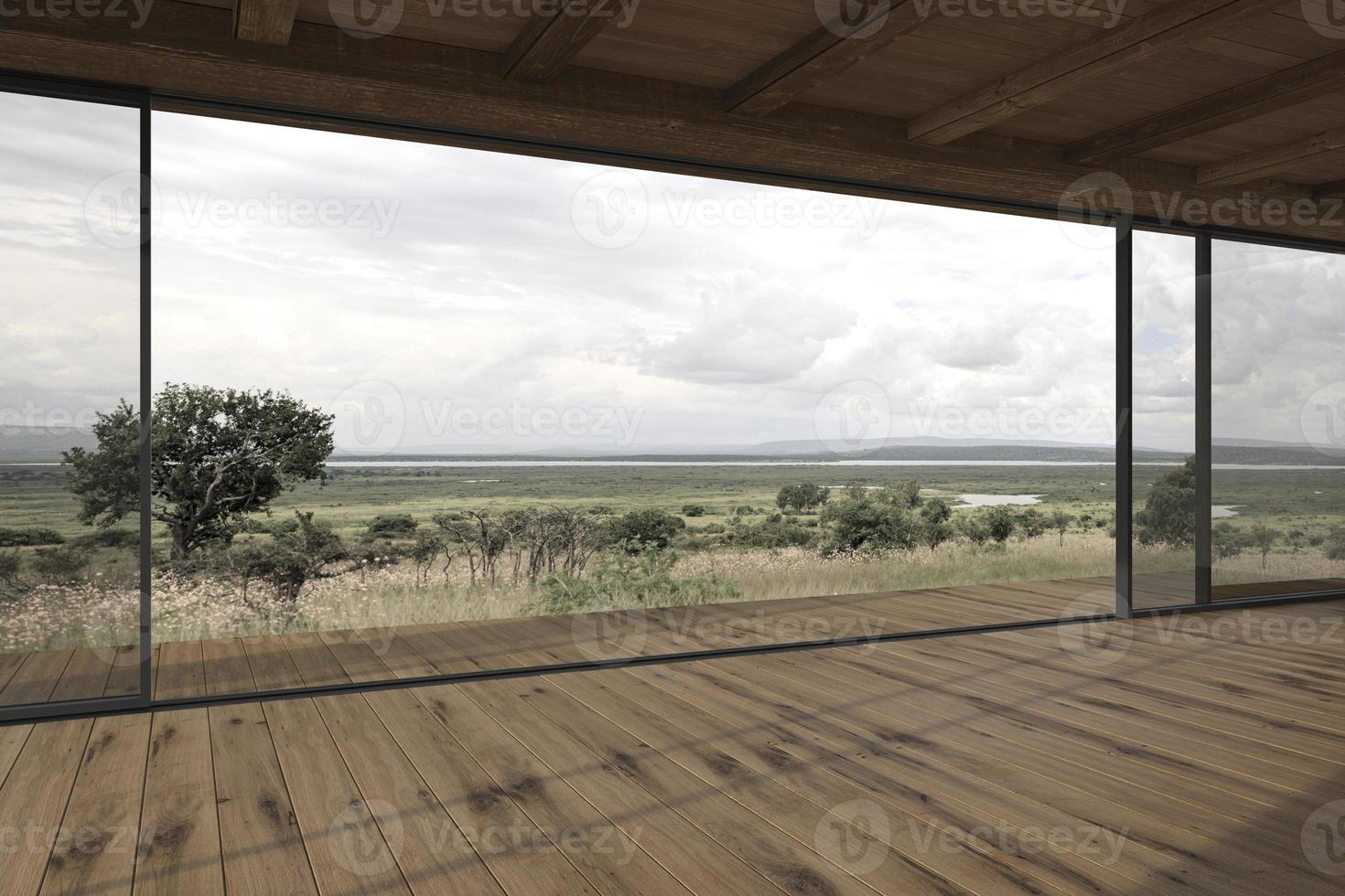 terrazza esterna vuota dal design moderno con porte scorrevoli del patio e pavimento in legno. casa 3d render illustrazione con sfondo vista natura. foto