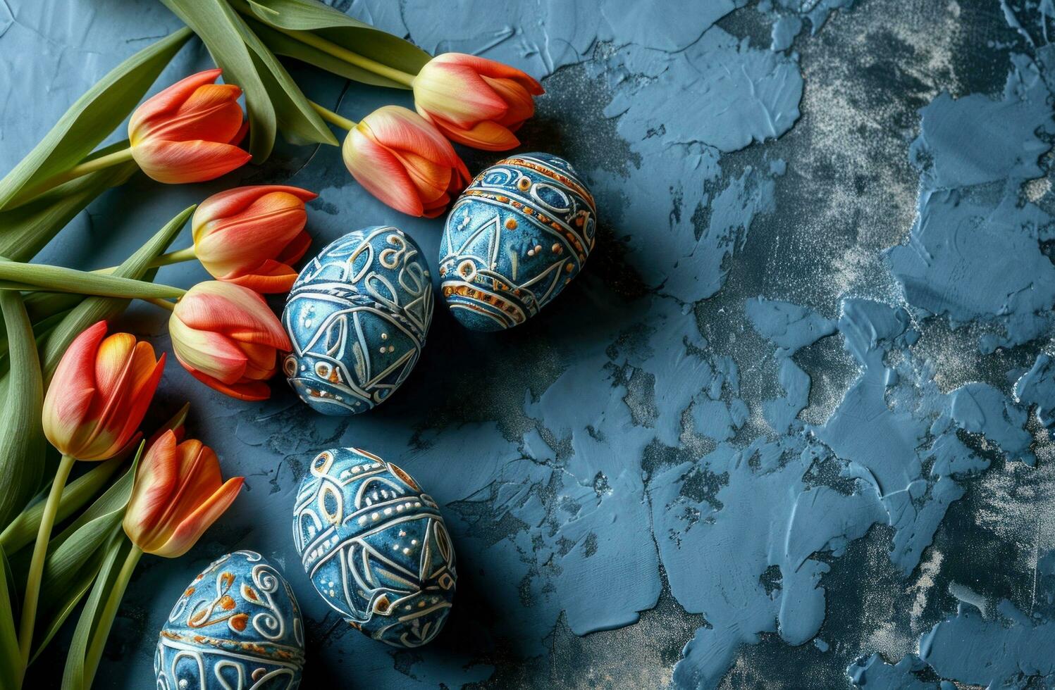 ai generato blu Pasqua uova e tulipani su blu sfondo foto