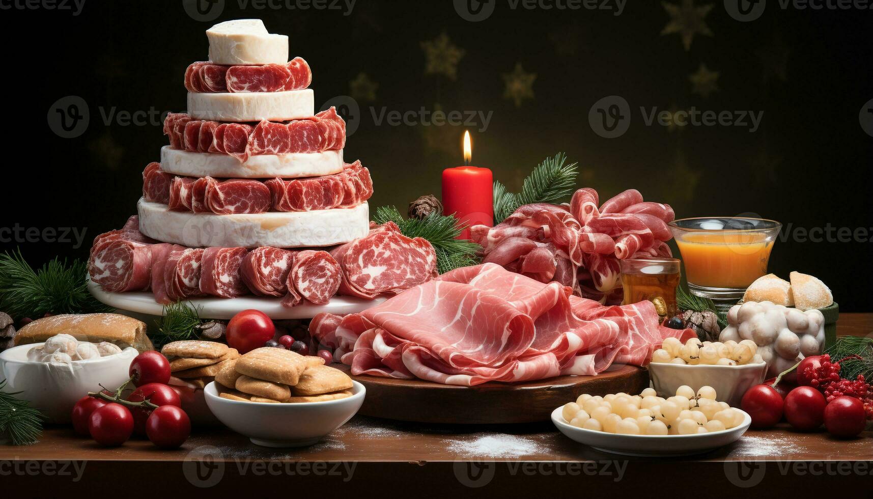 ai generato freschezza e buongustaio su un' rustico tavolo, vicino su di affettato prosciutto e Manzo generato di ai foto