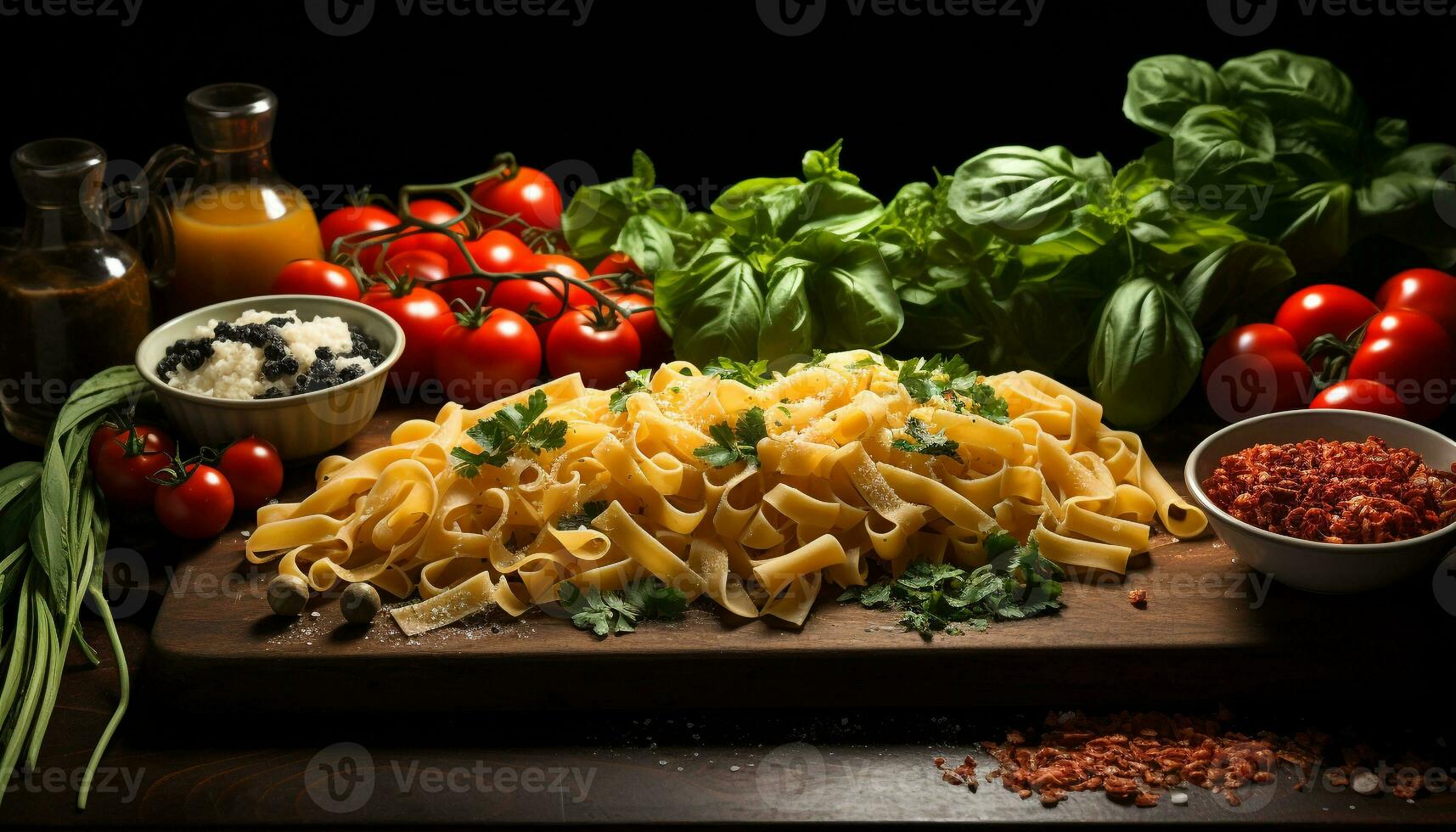 ai generato fresco, salutare pasta pasto su rustico di legno tavolo, italiano buongustaio generato di ai foto