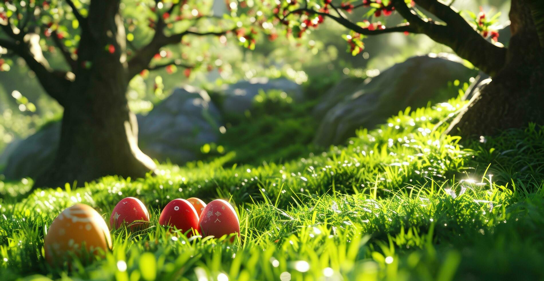 ai generato colorato uova annidato nel un' erboso giardino foto