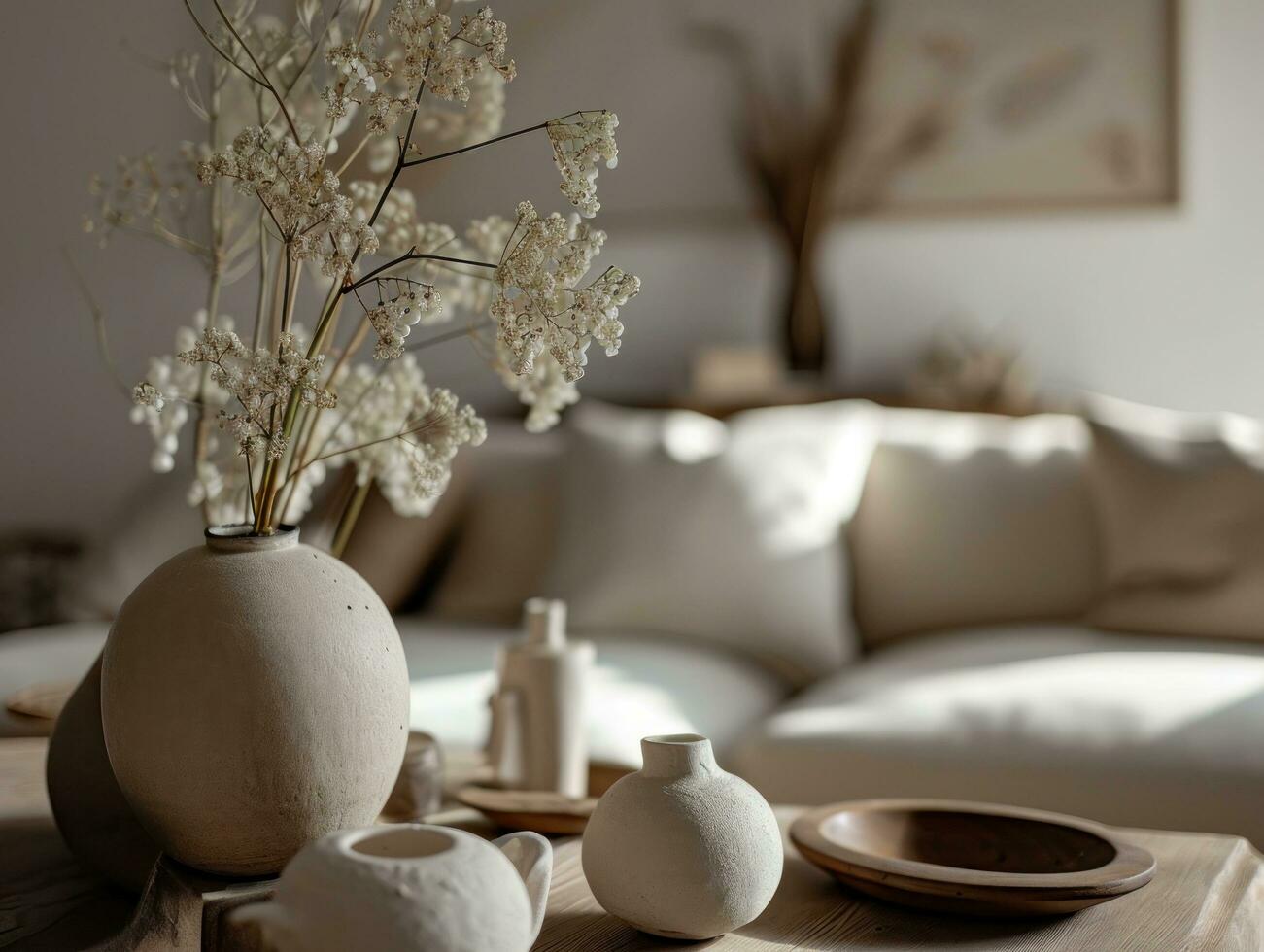ai generato contemporaneo minimalista vivente camera con alcuni beige e bianca cuscini foto