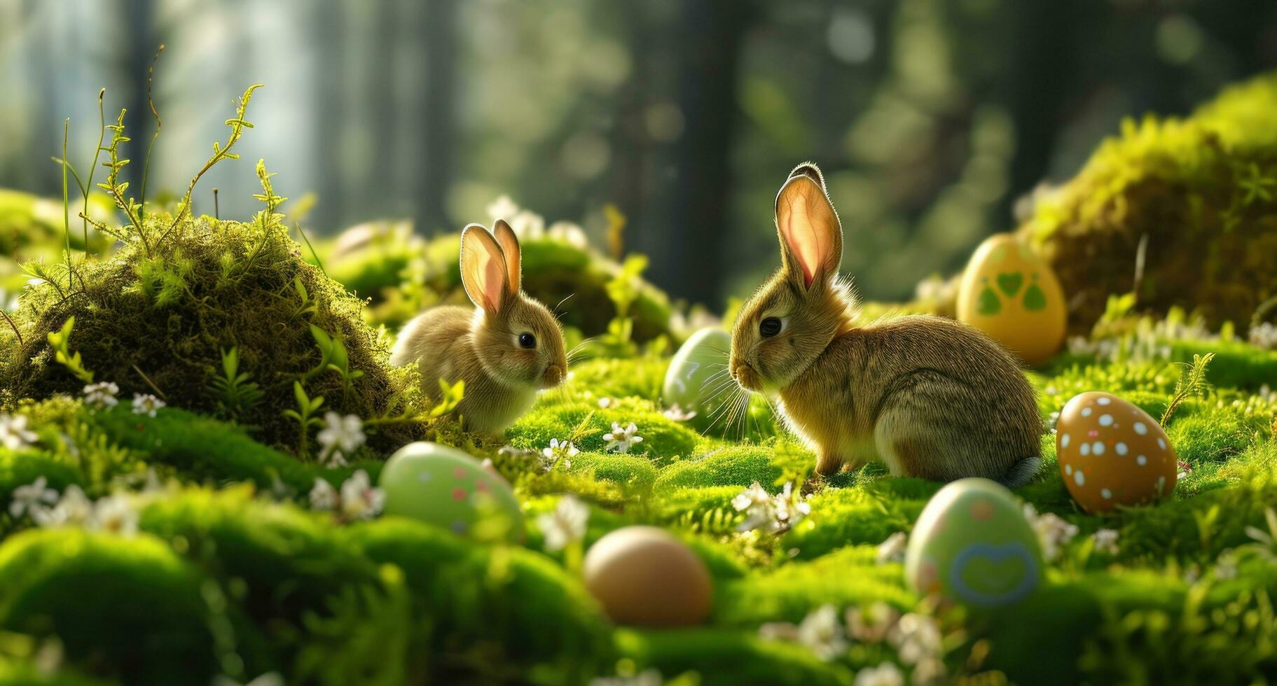 ai generato Pasqua uova nel il verde erba con Due conigli nel il mezzo foto