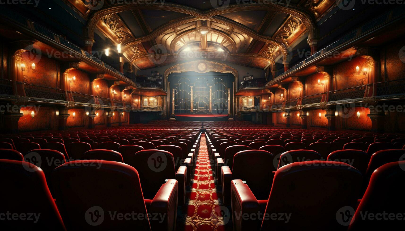 ai generato vuoto auditorium con illuminato palcoscenico e confortevole posti a sedere nel righe generato di ai foto