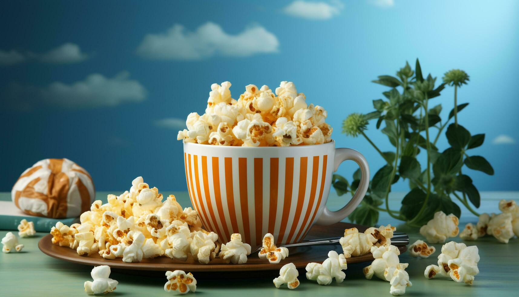 ai generato fresco Popcorn, dolce caramella, e un' rinfrescante bevanda su tavolo generato di ai foto