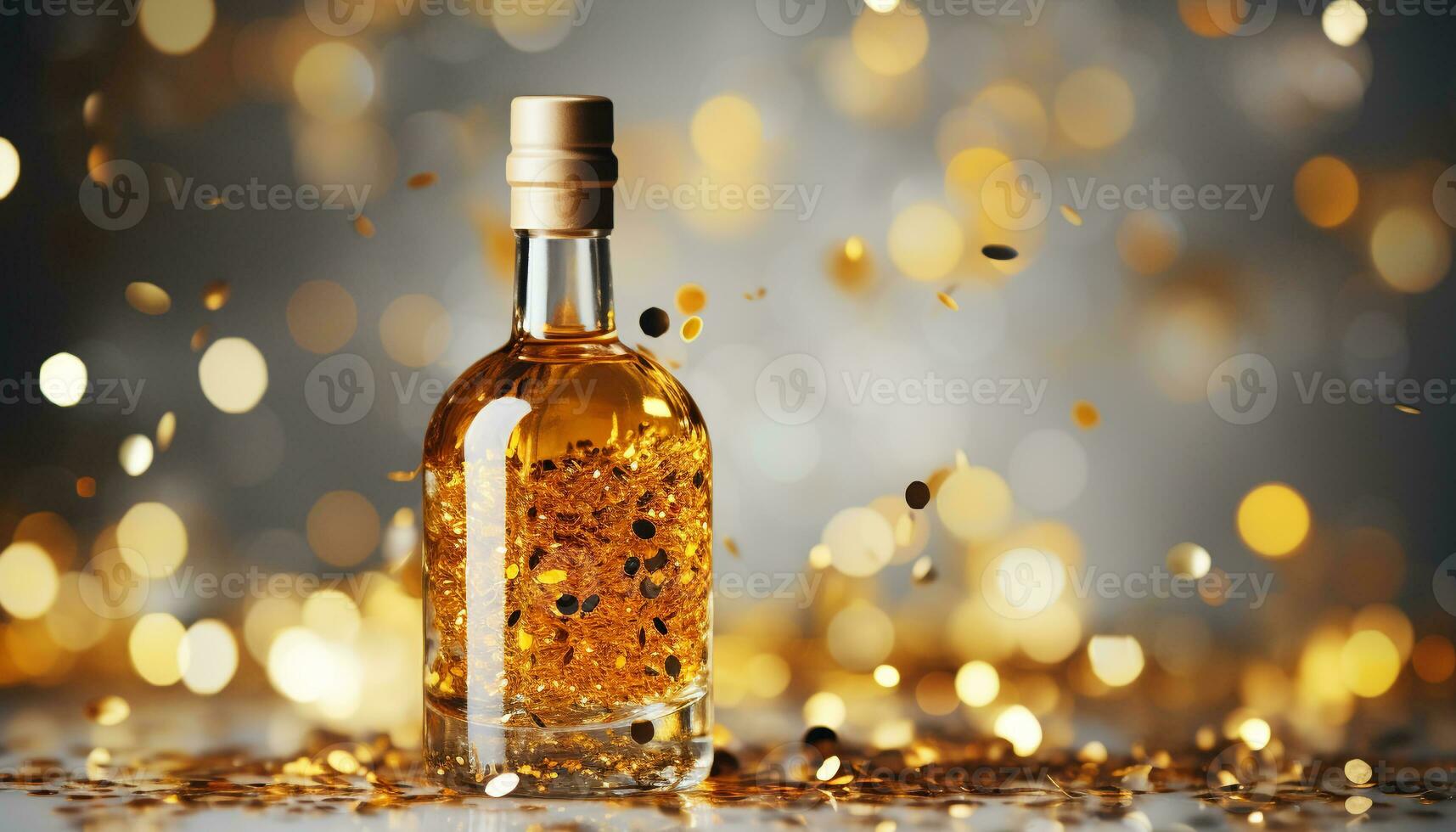 ai generato raggiante oro vino bottiglia versa scintillante Champagne su tavolo generato di ai foto