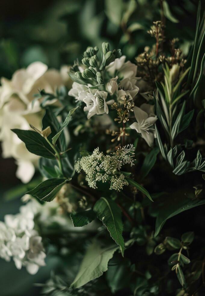 ai generato mazzi di fiori di diverso verdura e bianca fiori per un' nozze foto