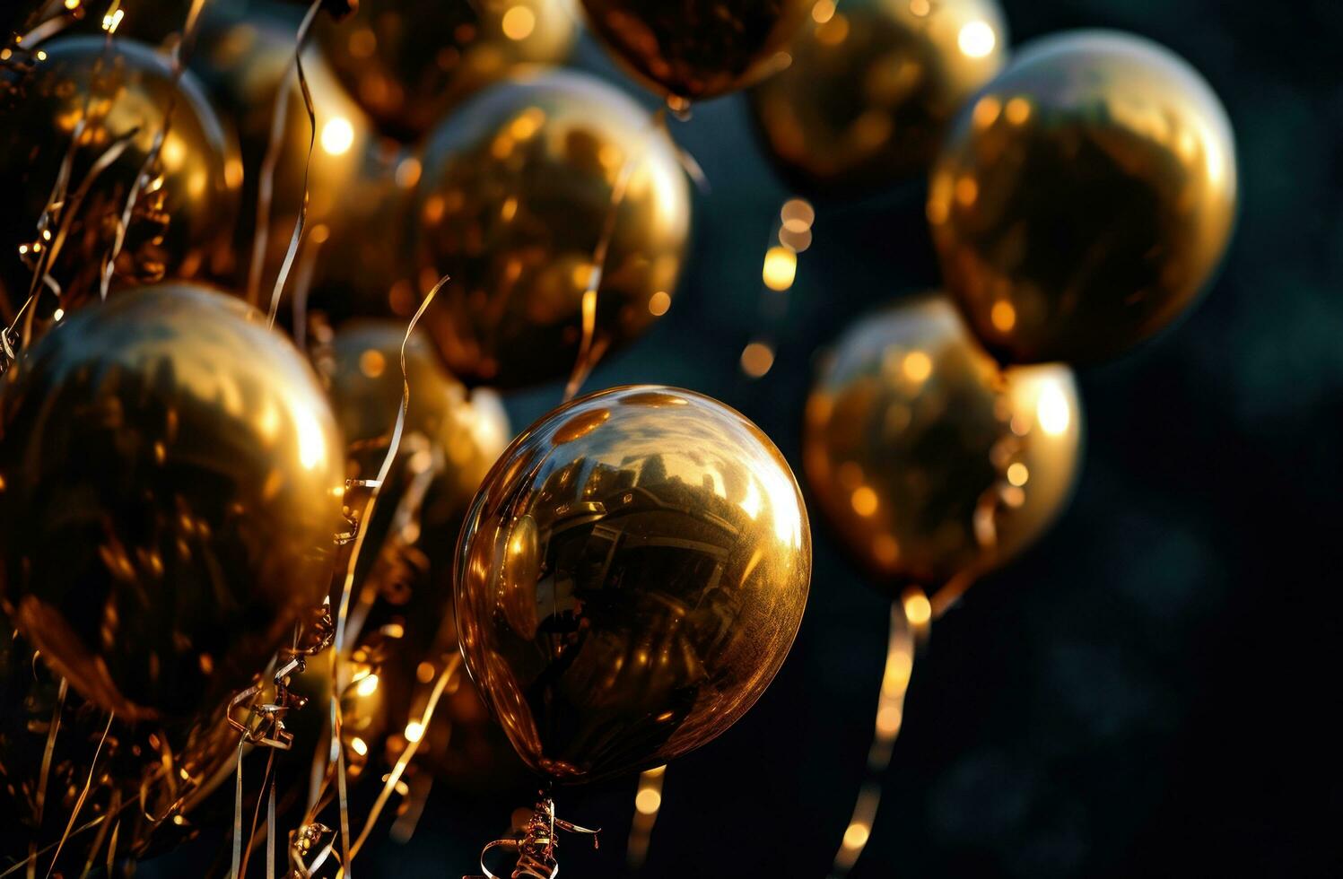 ai generato oro palloncini su nero sfondo foto