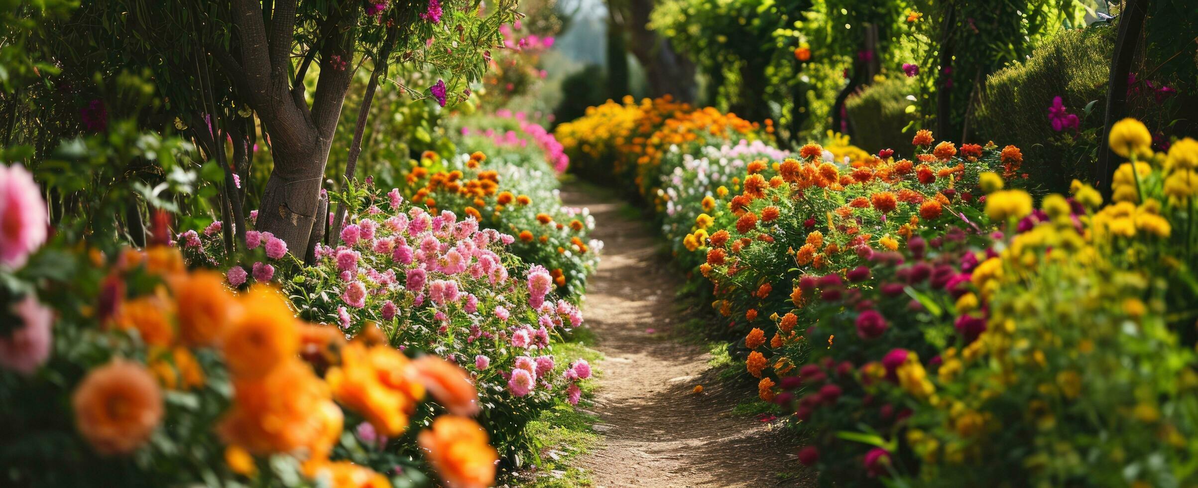 ai generato fiori nel un' giardino con un' sentiero principale per fiori foto