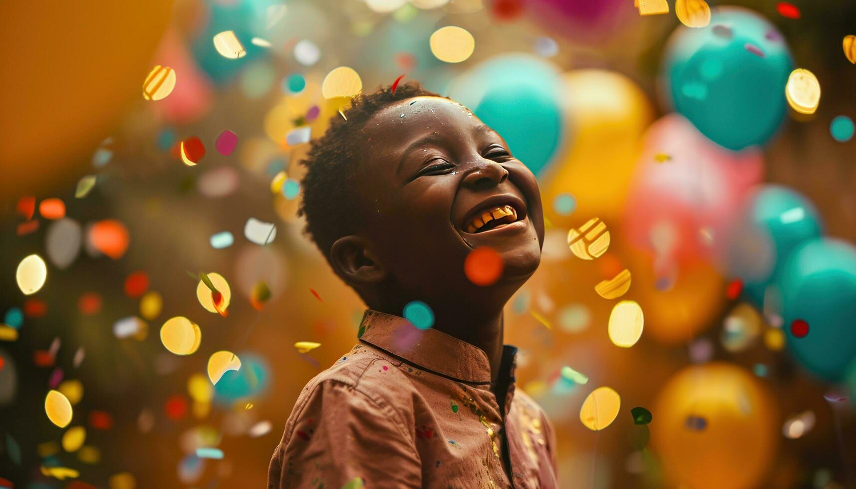 ai generato ragazzo ridendo con palloncini e colorato coriandoli foto