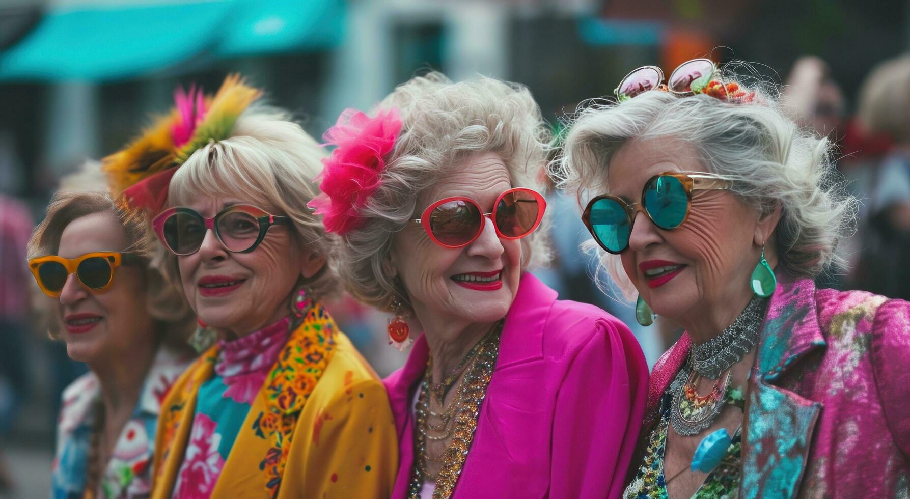 ai generato quattro donne su il strada indossare colorato capi di abbigliamento e occhiali da sole foto