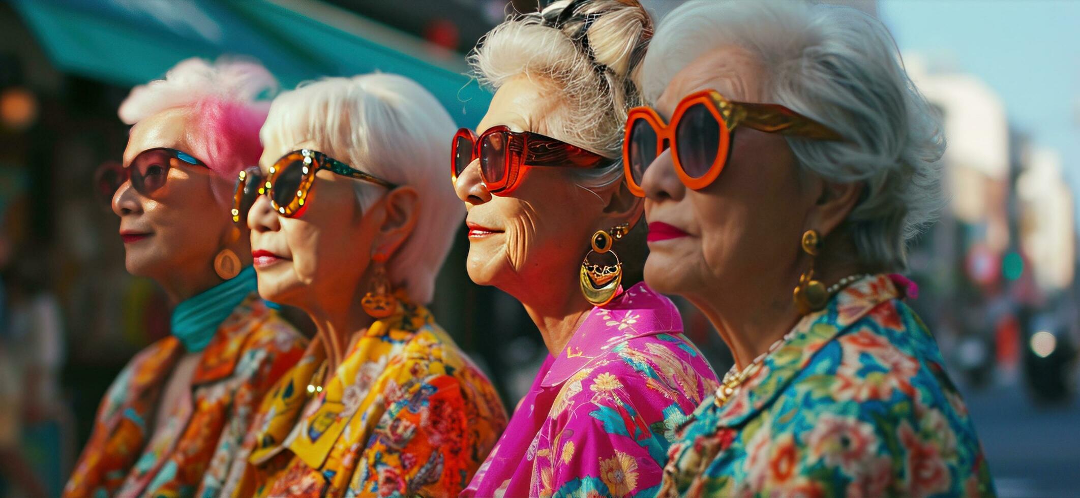 ai generato quattro donne su il strada indossare colorato capi di abbigliamento e occhiali da sole foto