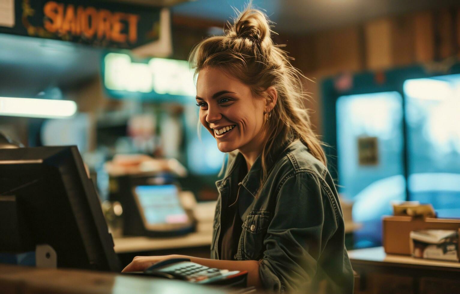 ai generato donna nel ufficio sorridente e parlando su un' denaro contante Registrati foto