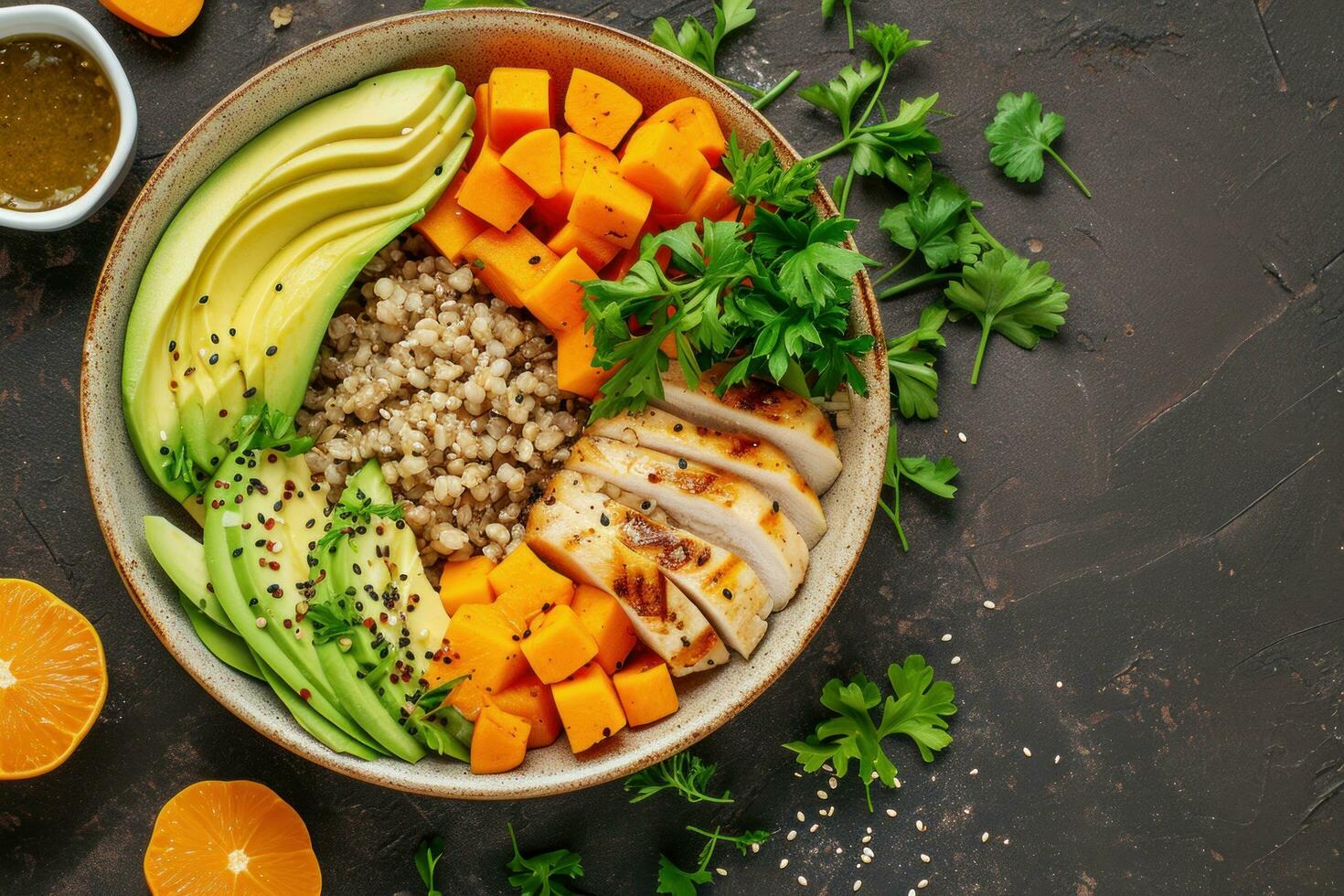 ai generato ciotola buddha. grano saraceno, zucca, pollo filetto, avocado, carote foto