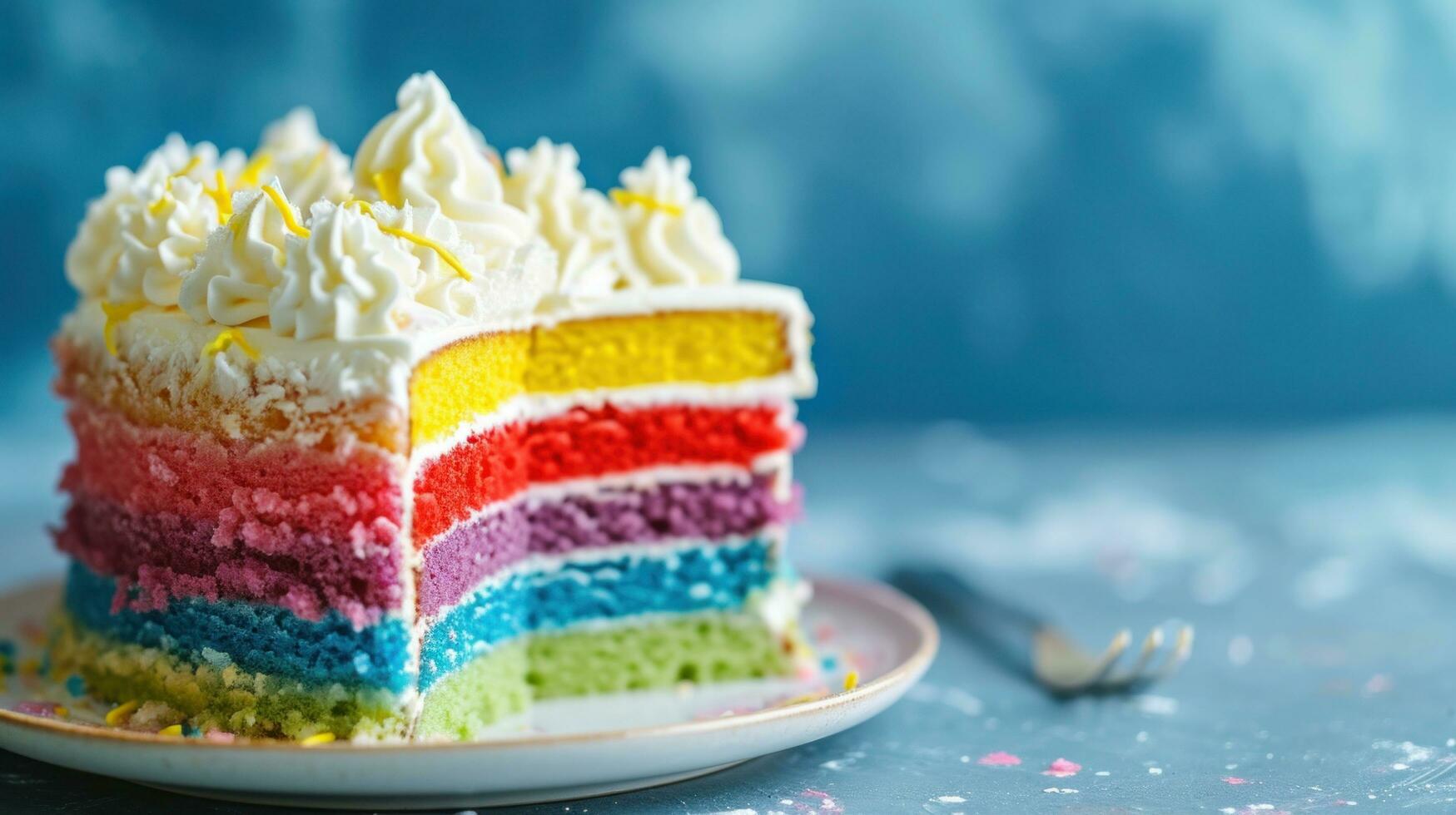 ai generato delizioso arcobaleno torta con frustato crema guarnizione foto