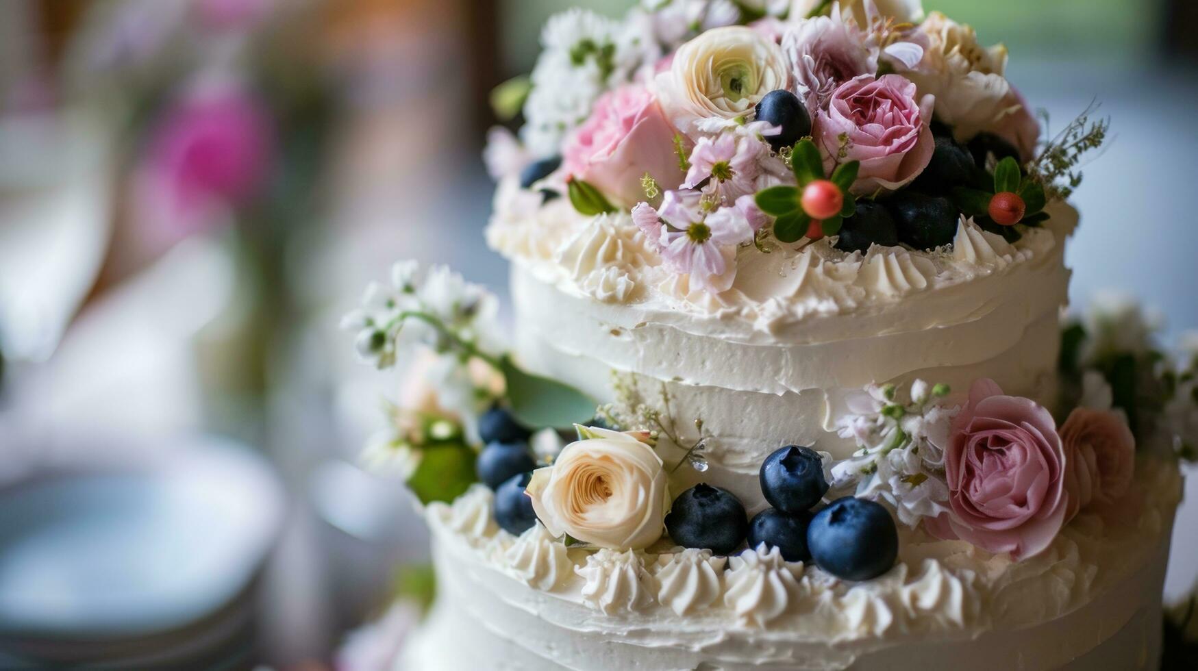 ai generato bianca nozze torta con fiori e mirtilli foto