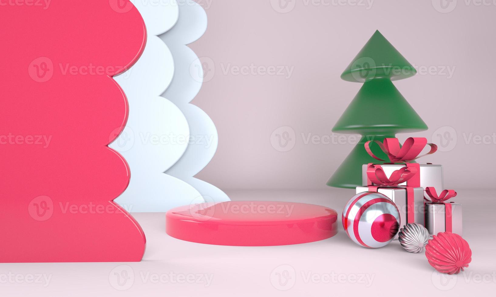 sfondo di natale con albero di natale e palco per la visualizzazione del prodotto. rendering 3D. foto