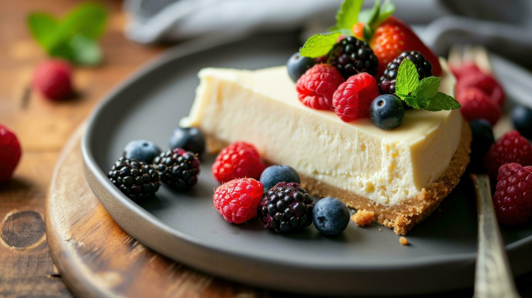 ai generato fatti in casa torta di formaggio con fresco frutti di bosco e menta per dolce foto