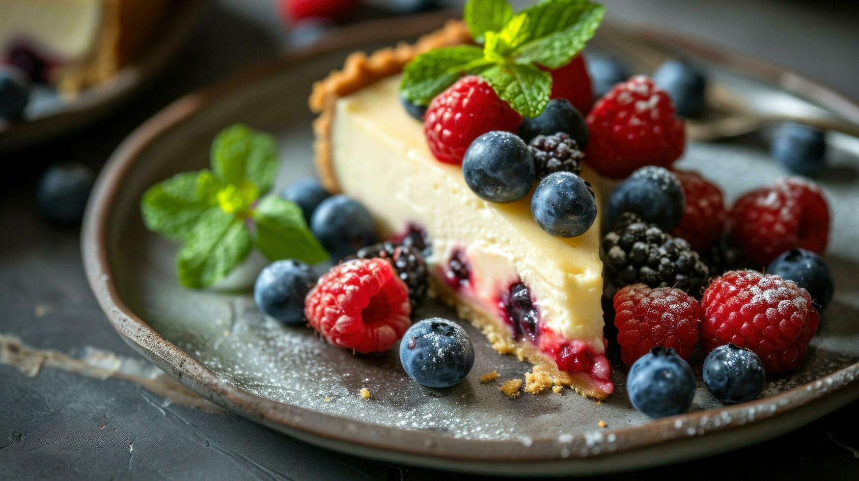 ai generato fatti in casa torta di formaggio con fresco frutti di bosco e menta per dolce foto